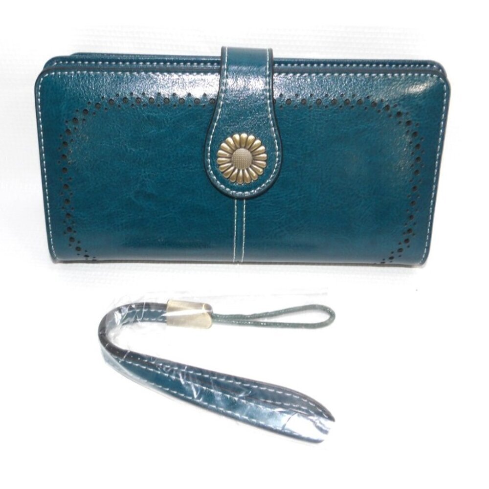 SENDEFN blue leather clutch style wallet wristlet 4 x 7.5 x 1.5" NEW, NO TAGS